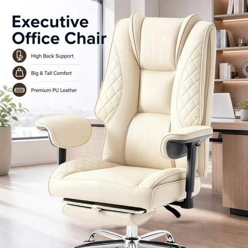 Vista 4 de Big and Tall Office Chair and High Back with Heavy Duty Wide Executive Office Chair with Foot Rest, Adjustable Armrests (Beige)