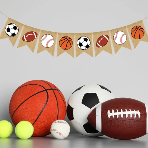 Vista 5 de Doumeny Banner deportivo de arpillera de béisbol, guirnalda de banderines de fiesta temática deportiva, pancarta colgante de fútbol americano