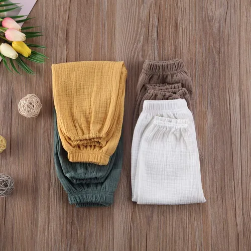 Vista 29 de Paquete de 3 pantalones de algodón y lino para bebés, niños y niñas, color liso, ropa básica para bebés