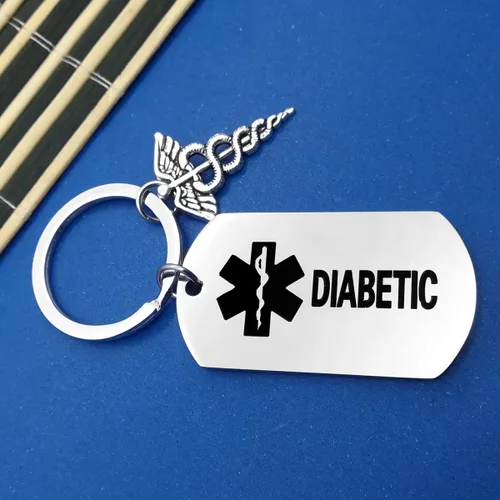 Vista 4 de Oubaka Llavero diabético para hombres, mujeres, niñas, niños, diabéticos, regalo de alerta médica, llavero para diabéticos y advertencia