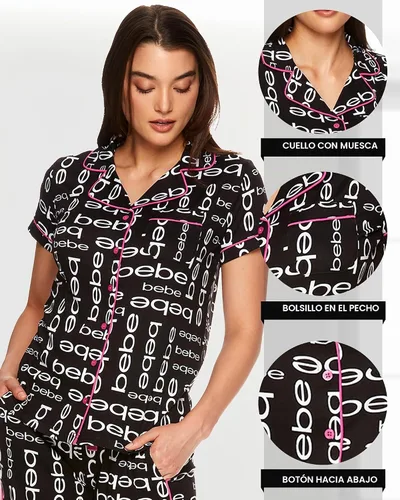 Vista 3 de bebe Conjunto de pijama de dama de honor de 2 piezas para mujer, camisa y pantalones de manga corta con botones Negro 24
