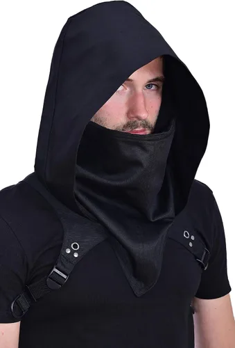 Vista 2 de HIBIRETRO Cyberpunk Rogue Cowl Hood Scarf Winter Neck Warmer Costume Hooded Cape Hat for Halloween Cosplay and Daily Wear