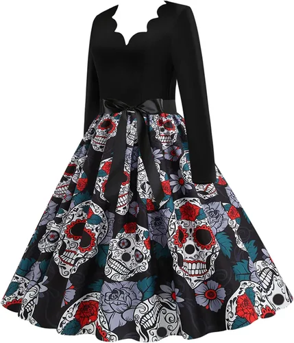 Vista 3 de Disfraces de Halloween para mujer, cuello en V, manga larga, estampado de calavera, vestido de Halloween con cinturón.