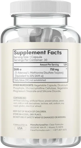 Vista 3 de Clear Formulas Bioactive SAM-e 750mg - Suplemento SAM-e de alta resistencia con forma S, S biológicamente activa para el hígado y el estado