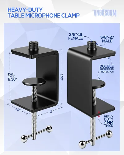 Vista 2 de Abrazadera de micrófono de mesa KB47 – Soporte de abrazadera de metal para micrófono de escritorio resistente con rosca macho 5/8-27 y 3/8-16