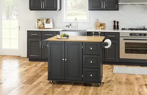 Vista 6 de Homestyles Dolly Madison Carrito de Isla de Cocina Móvil Negro con Barra de Desayuno de Hoja Plegable de Madera
