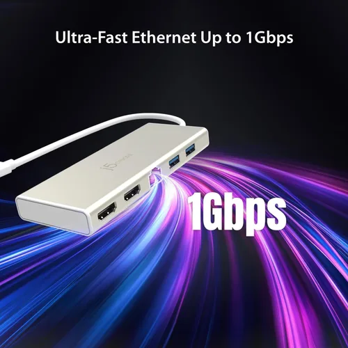 Vista 5 de j5create USB-C Mini Dock-Type C Hub con 2X HDMI, 2X USB 3.0, Ethernet Entrega de potencia 2.0 (JCD381)