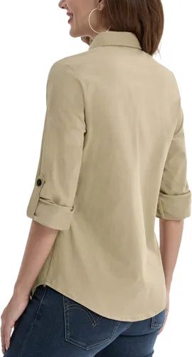 Vista 4 de DJT - Blusas suaves, elásticas, a cuadros, de manga larga arremangada, con cuello y botones para mujer