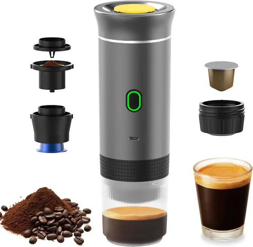 Vista 8 de Decdeal Cafetera inalámbrica para el coche, hogar, viajes, cafetera eléctrica 3 en 1, funciona con cápsulas y café molido de 15 bares, mini cafetera