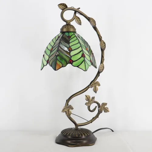 Vista 6 de Tiffany Table Lamp, Stained Glass Desk Light, 8X10X21 Inches, Metal Leaf Base (Brown Green Leaf)