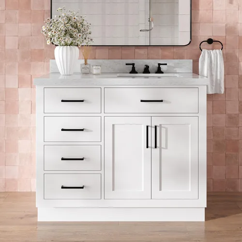 Vista 21 de DKB Bradford - Mueble de baño individual negro de 42 pulgadas con fregadero rectangular, encimera de mármol italiano de carrara con borde de 1.5