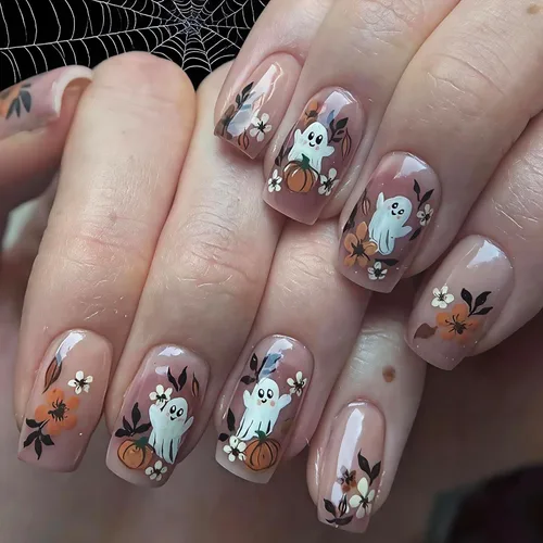 Vista 10 de 24 uñas postizas cuadradas a presión de longitud media para Halloween con diseño de telaraña, bonitos globos oculares, uñas postizas con pegamento