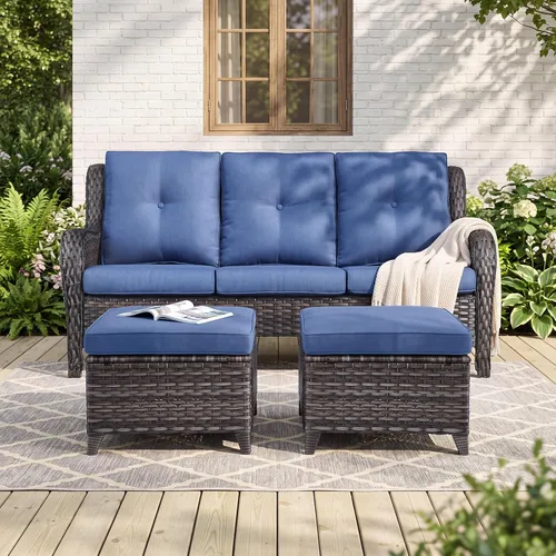 Vista 4 de Rilyson Sofá de mimbre para patio al aire libre, sofá de ratán de 3 asientos con asientos profundos y cómodos cojines para porche exterior, terraza