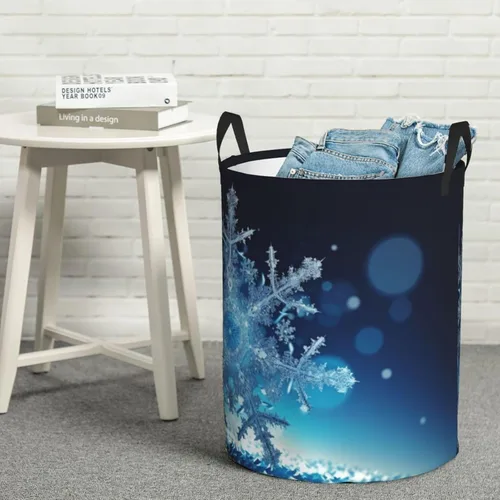 Vista 8 de Blue christmas snowflake print Circular Hamper Waterproof Storage Bin Organizer Basket Laundry Hamper With Handles For Clothes Toys Small