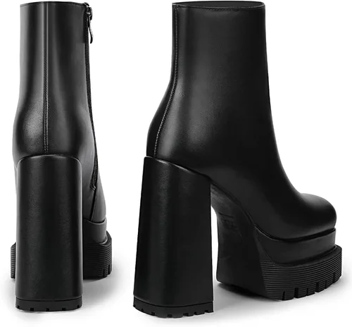 Vista 4 de WETKISS Botas de plataforma para mujer, con plataforma atrevida, tacón grueso, punta cuadrada y zíper lateral