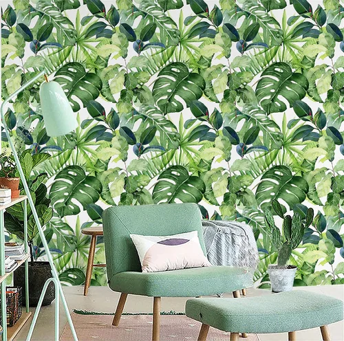 Vista 2 de HAOKHOME Papel tapiz tropical para despegar y pegar, hojas de palma, bosque de selva, papel de pared extraíble para decoración del hogar, 17.7 x 118
