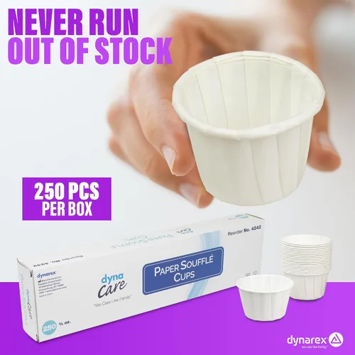 Vista 7 de Dynarex . Vasos desechables de papel para soufflé de 75 onzas, vasos de papel pequeños para pastillas, dispensación de condimentos, muestras