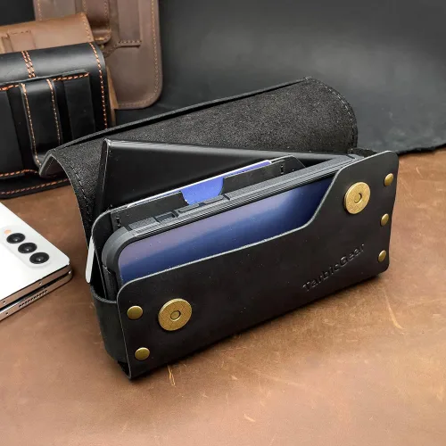 Vista 7 de Funda de cuero doble para teléfono para dos teléfonos, funda de teléfono doble para hombre, cinturón con clip para cinturón para iPhone 16 Pro Max