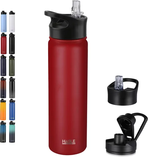 Vista 48 de HASLE OUTFITTERS Botella de agua aislada de 22 onzas, botella de agua de acero inoxidable de doble pared de boca ancha con tapa de popote y tapa