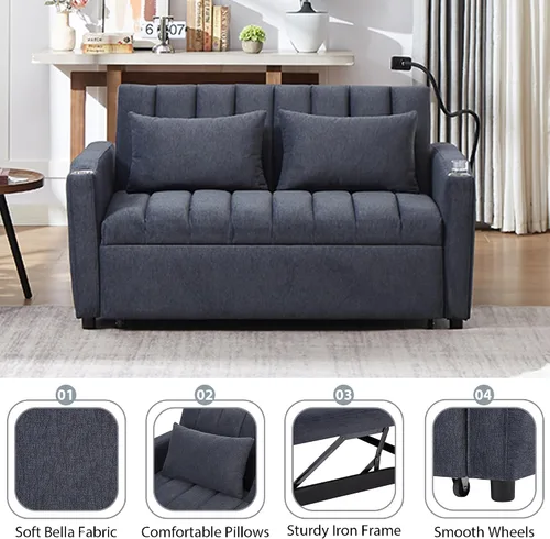 Vista 3 de LUMISOL Sofá cama convertible 3 en 1 de 55.9 pulgadas con puertos USB, portavasos, soporte giratorio y bolsillos de almacenamiento, sofá cama Gris