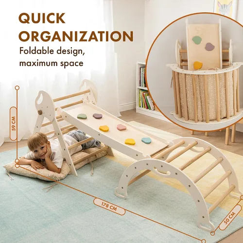Vista 4 de Juego de escalada 5 en 1 para mayores de 1 años – Triángulo Pikler, arco de escalada, cojín de equilibrio, gimnasio de escalada Montessori