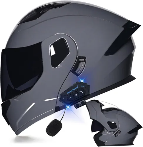 Vista 14 de Casco modular Bluetooth para motocicleta, aprobado por DOT, de cara completa, abatible, antivaho, doble visera, casco de motocicleta de calle, LENTE