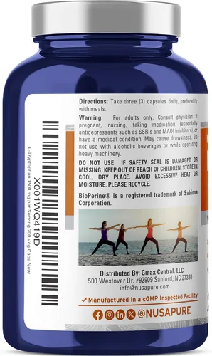 Vista 3 de NusaPure Cápsulas de L-triptófano, 1500 mg, 200 cápsulas vegetales (sin OMG, veganas)