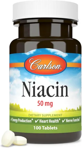 Vista 4 de Carlson - Niacina, 50 mg, apoya el metabolismo del colesterol, la producción de energía, la salud del corazón, la función nerviosa, 100 tabletas