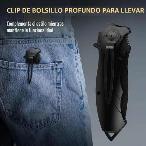 Vista 8 de Navaja táctica Grand Way para hombres - Navaja de bolsillo negra - Mejor navaja asistida por resorte con rompevidrios y clip de bolsillo - Navajas
