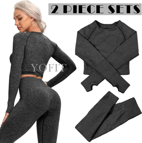 Vista 3 de YOFIT - Conjunto deportivo de 2 piezas leggings de yoga de cintura alta sin costuras y crop top con manga larga para mujer, juego de ropa