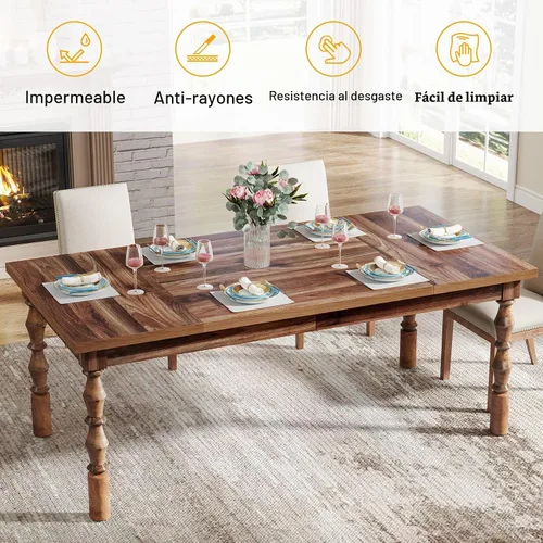 Vista 4 de Tribesigns Mesa de comedor de granja de 62 pulgadas para 4-6 personas, mesa de cocina rectangular grande, mesa de comedor, muebles de cocina y Nogal