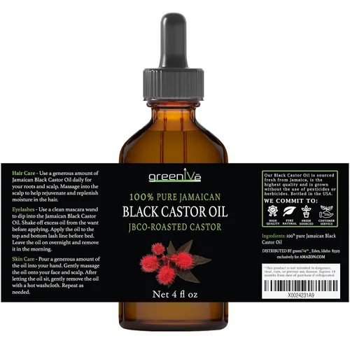 Vista 3 de GreenIVe Aceite de ricino negro jamaicano cultivado orgánicamente JBCO Botella de vidrio 100% puro prensado en frío Resultados de Amazin (4 onzas)