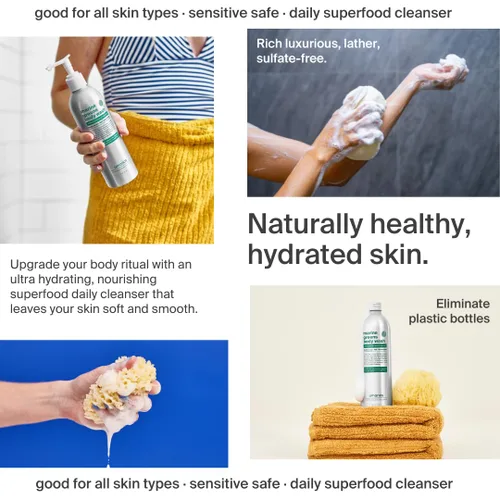 Vista 4 de umanos Superfood Gel de baño, limpiador corporal nutritivo a base de plantas, bueno para pieles sensibles. Sin sulfato, fragancia natural, 10 onzas