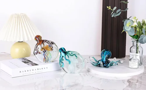 Vista 9 de WUBIANJIE Estatuas de cristal soplado a mano de pulpo y medusa, esculturas coloridas de animales marinos, pisapapeles para decoración del hogar