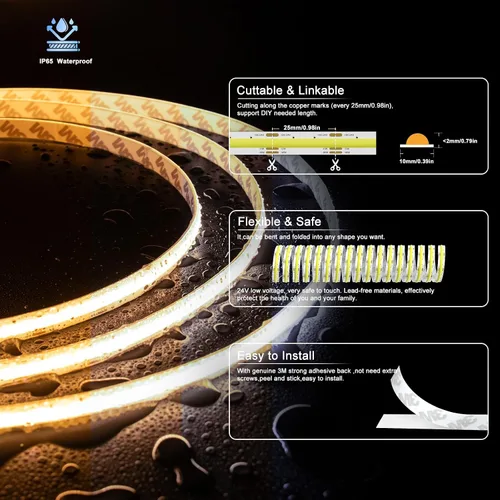 Vista 3 de PAUTIX COB Tira de Luz LED CCT Blanco Sintonizable IP65 Impermeable, CRI90+ 16.4ft/5m 2700K-6500K Regulable 24V Cinta de Luz LED, para Bajo Gabinete