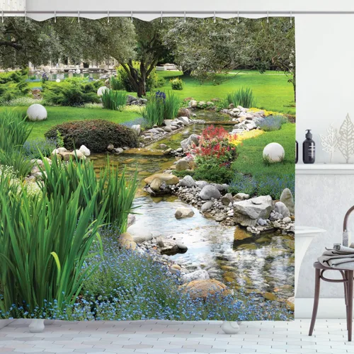 Vista 32 de Ambesonne Decor Collection, juego de cortina con ganchos para regadera Negro Verde
