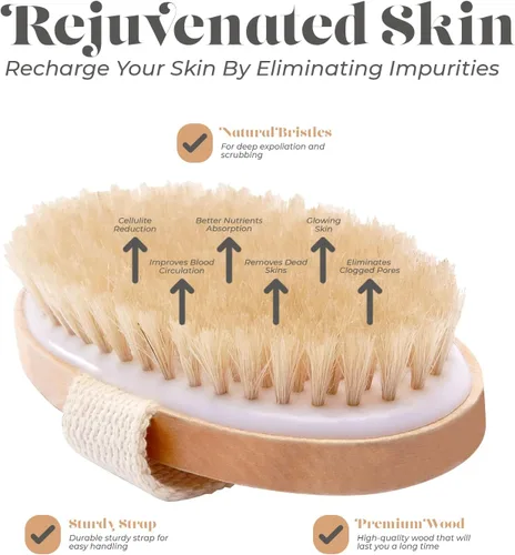 Vista 4 de Cepillo en seco para piel para cuerpo, mejora la salud y belleza de la piel, cerdas naturales, quita piel seca y toxinas, celulitis tratamiento