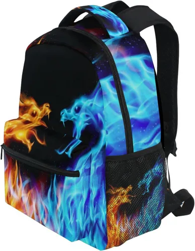 Vista 3 de Miaoquhe Mochila escolar con diseño de dragón de hielo azul y fuego, resistente al agua, para niños, escuela, al aire libre, viajes, Fuego dorado