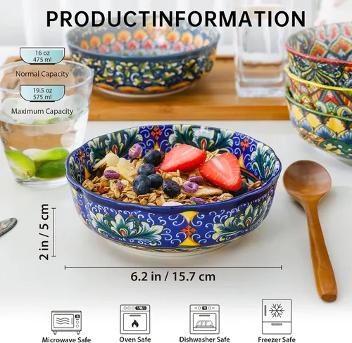 Vista 2 de Henten Home Tazón de cerámica para cereales de 16 onzas, juego de 6 cuencos
