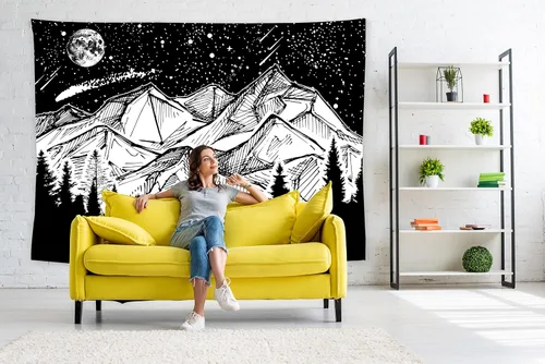 Vista 5 de feelacle Tapiz de luna de montaña, cielo nocturno estrellado, 60 x 40 pulgadas, blanco y negro, decoración de fiesta para dormitorio, sala de estar