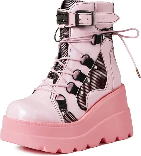 Vista 8 de mikarka Botas holográficas de plataforma para mujer, con cordones en el tobillo, con tachuelas y hebilla, góticas, de cuña apilada, botines de Cuña