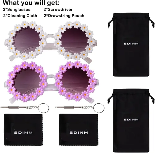 Vista 7 de SDINM 2 pares de lentes de sol con diseño de margarita, con forma de margarita, gafas redondas novedosas florales para festivales y fiestas