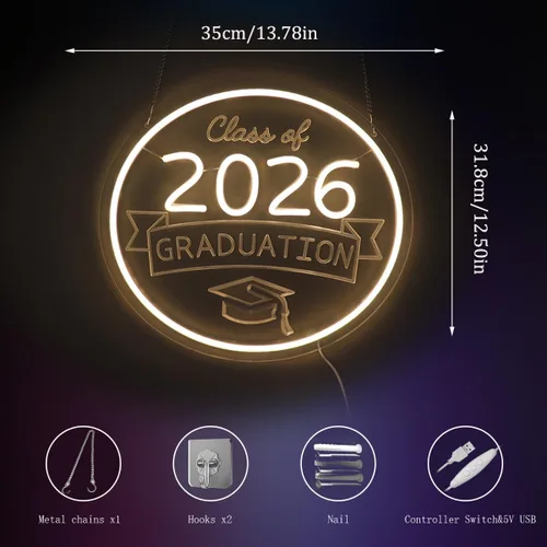 Vista 5 de Class of 2026 - Letrero de neón con texto en inglés "Congrats Grad" LED regulable USB Felicidades Graduación Cap Light Decoración de pared para sala