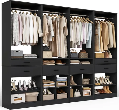Vista 11 de Unikito Organizador de armario de 25 pulgadas de ancho x 80 pulgadas de alto, con barra para colgar y 2 cajones de madera, zapatero ajustable