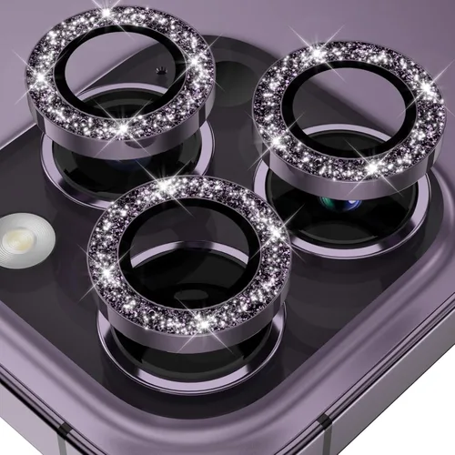 Vista 9 de YWXTW Diseñado para iPhone 14 Pro/iPhone 14 Pro Max Protector de Lente de Cámara Brillante, [Nuevo Diseño con Purpurina] Vidrio Templado de Metal
