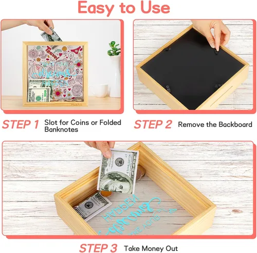 Vista 4 de Alcancía para niños, caja de madera más grande y segura para niños, caja de dinero de madera natural, impresa en la parte delantera de plexiglás