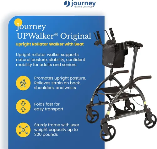 Vista 2 de Journey UPWalker Grande – El Andador Vertical Original – Andador Vertical Ajustable Premium, Ligero con Asiento para Adultos, Personas Mayores