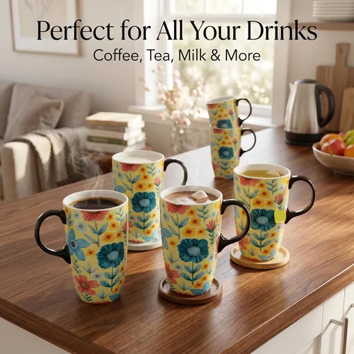 Vista 5 de DUSVALLY Taza de Café de Cerámica Taza de Viaje Regalo con Tapa 17oz, Taza de Té con Asa para Latte, Capuchino y Cacao, Tazas de Café de Porcelana