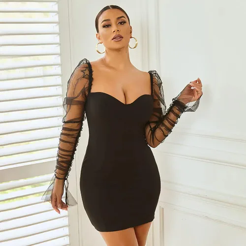 Vista 6 de Nhicdns Vestido sexy para mujer, de malla transparente, manga larga, abullonada, bodycon
