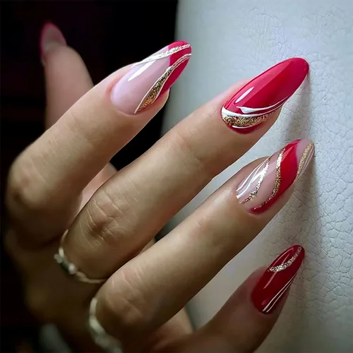 Vista 9 de Aurora - Uñas postizas a presión degradadas, uñas postizas largas de almendra, diseño de sol y luna brillante, uñas artificiales reutilizables